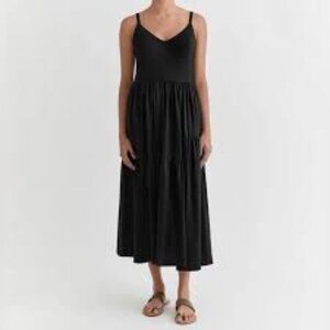 Cuyana Black Tiered Cami Midi Dress Organic Cotton with Pockets XL